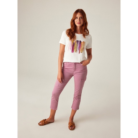 Women's Sequin Graphic Tee Size L Pink Brush Stroke White Cotton T-Shirt NWT - Picture 3 of 4